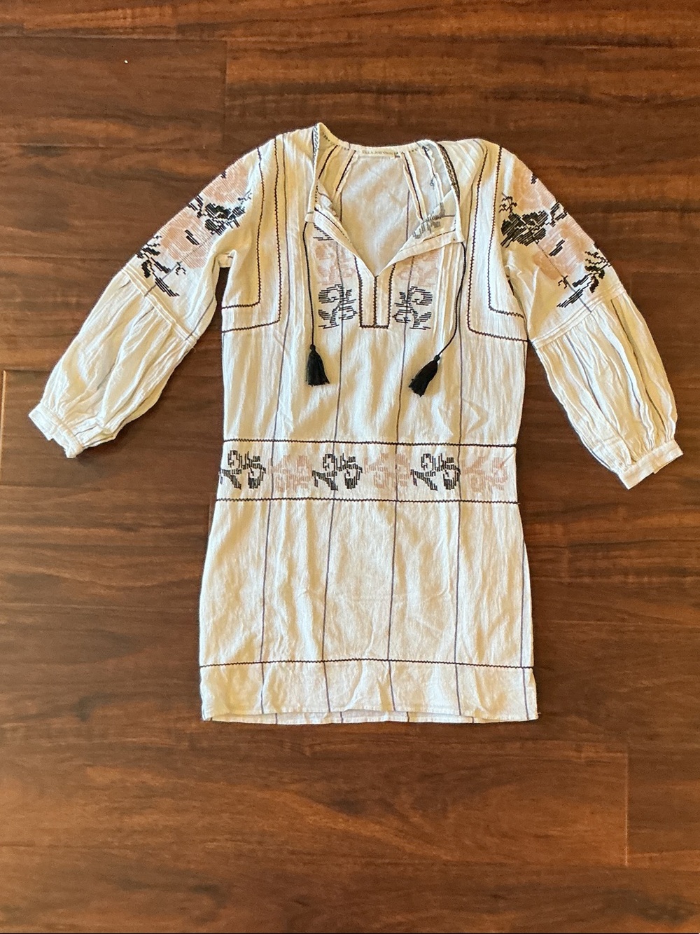 Ulla Johnson Ivory Embroidered Peasant Dress with Black Tassels